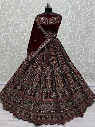 Fantastic Maroon Thread Work Velvet Bridal Lehenga Choli With Double Dupatta - Ethnic Plus In